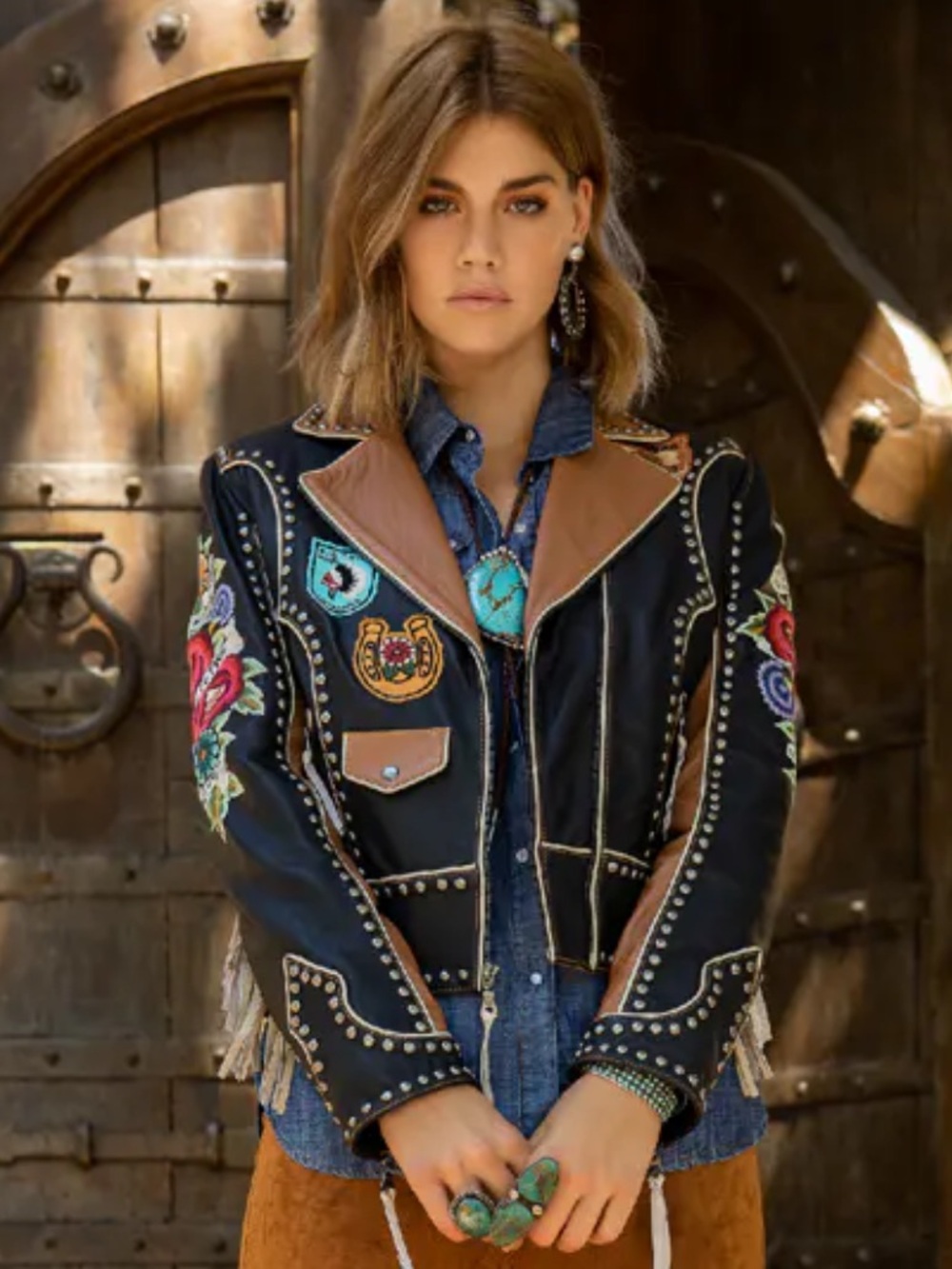 Double D Ranch Running on Empty leather biker jacket embroidered studs RTL $1395 - Picture 2 of 10